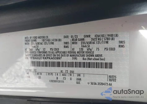 2023 Ford Transit-350 Passenger Van Xlt z USA, uszkodzony, nr VIN 1FBAX2C8XPKA53997